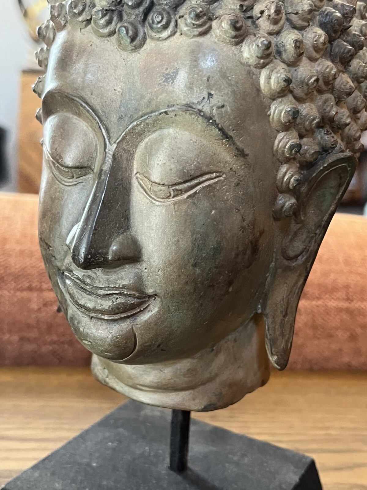 12″ BRONZE BUDDHA HEAD wood – iron stand