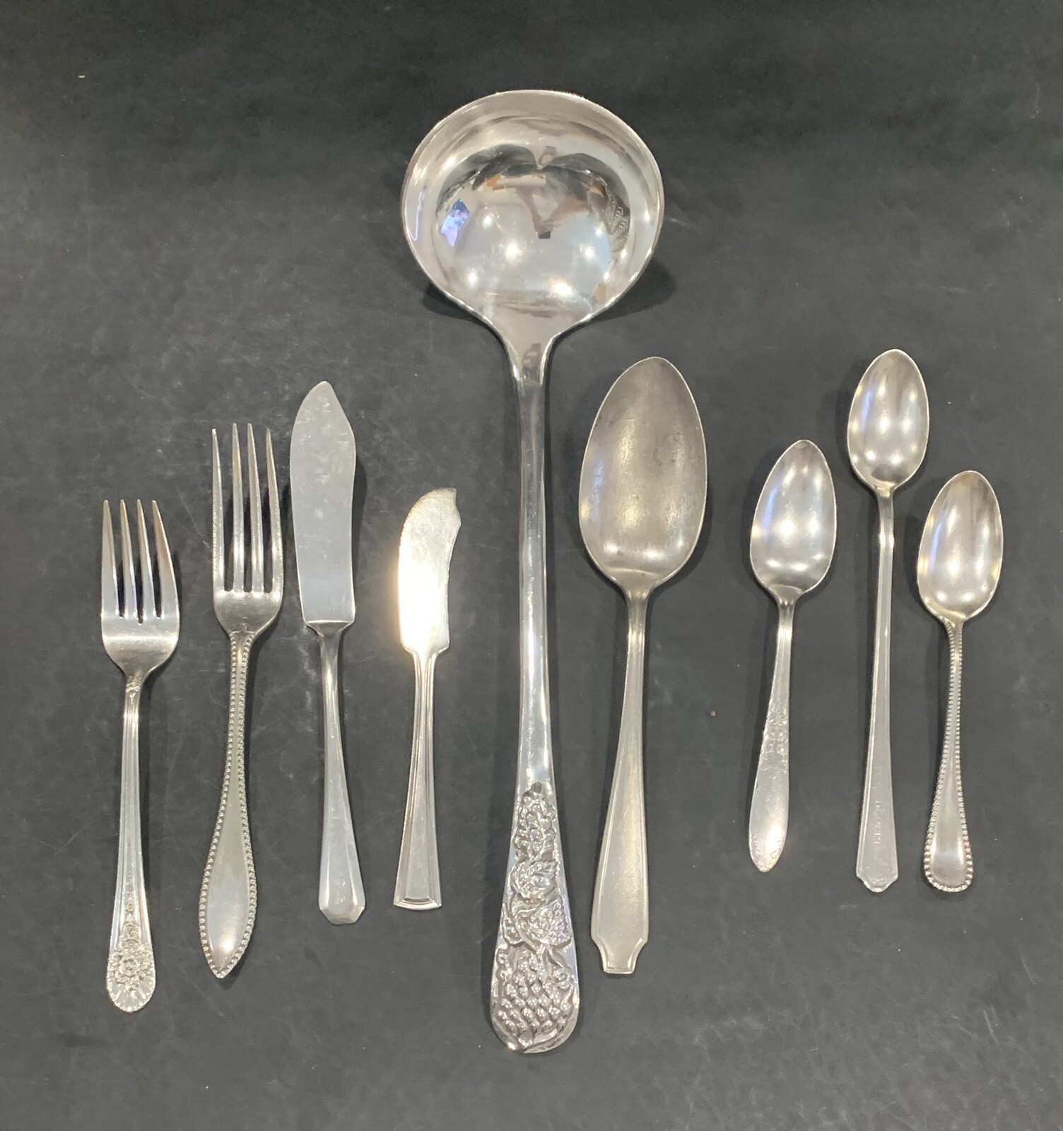 Mixed Lot of 9 Pieces Silver Flatware – Large Ladle, Spoons, Forks, Knives