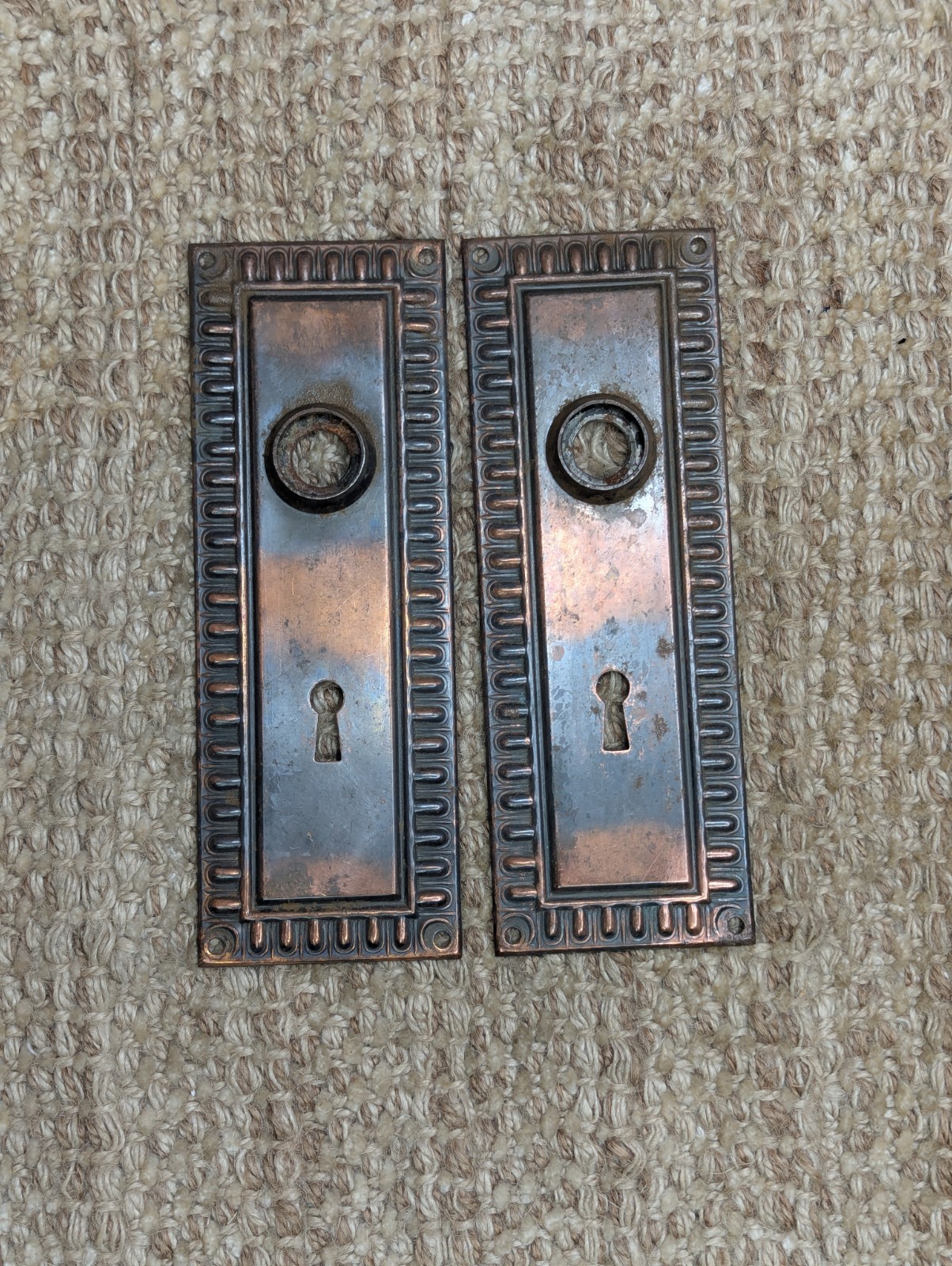 Pair of Antique 2 3/8″ x 6 9/16″ Egg & Dart Steel Door Knob Plates Door Hardware