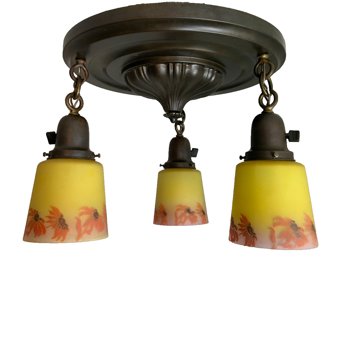 Arts&Crafts ,Victorian 1910’s brass flush mount 3 light chandelier