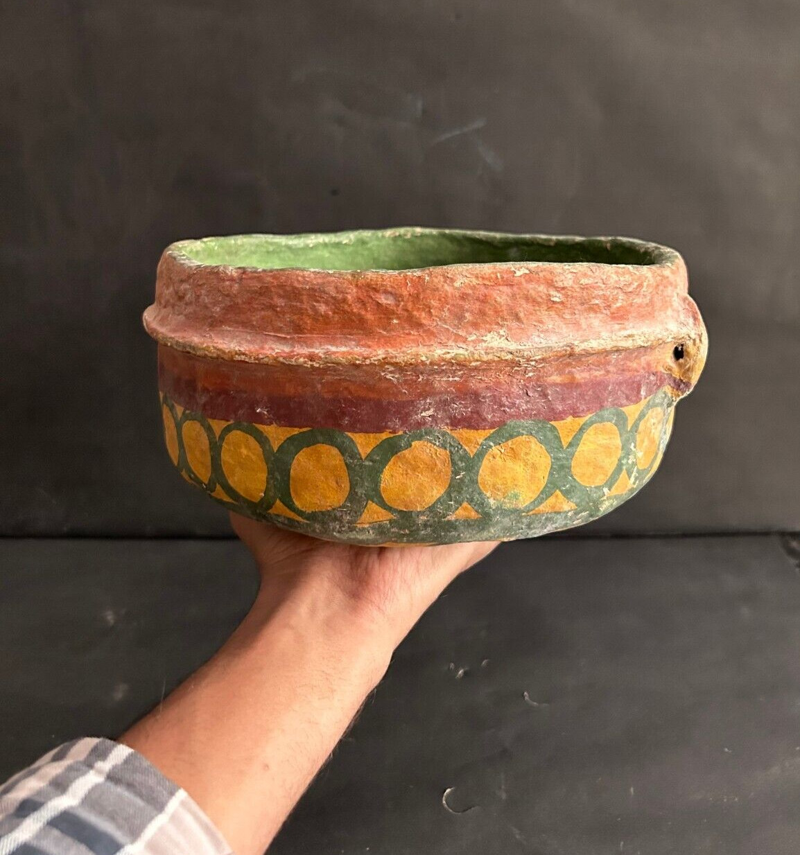 RARE OLD VINTAGE HANDMADE TRIBAL PAPER MACHE HAND PAINTED DECORATIVE BOWL