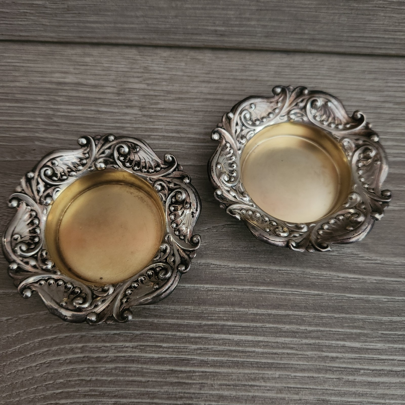 Antique Victorian Gorham Leaf Scroll Sterling Silver Pair Nut Dishes Salt Cellar