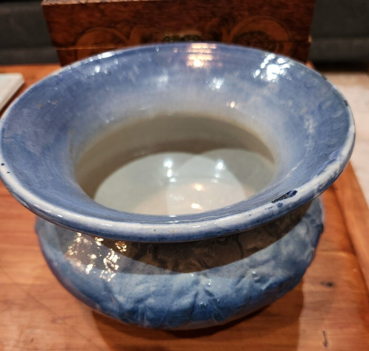 Vintage Blue & White Stoneware Spittoon Salt Glaze Pottery 7.25″ x 4.75″ tall