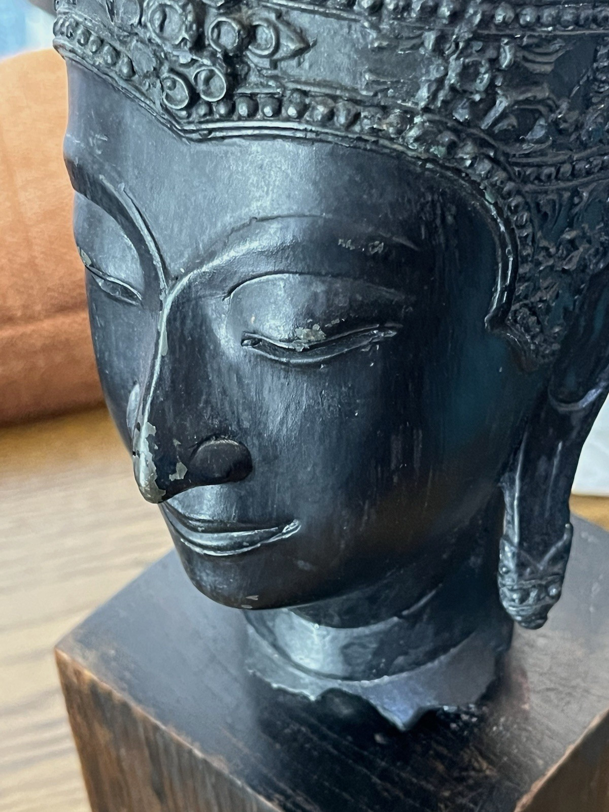 13.5″ ANTIQUE BRONZE SIAM THAI BUDDHA HEAD wood stand