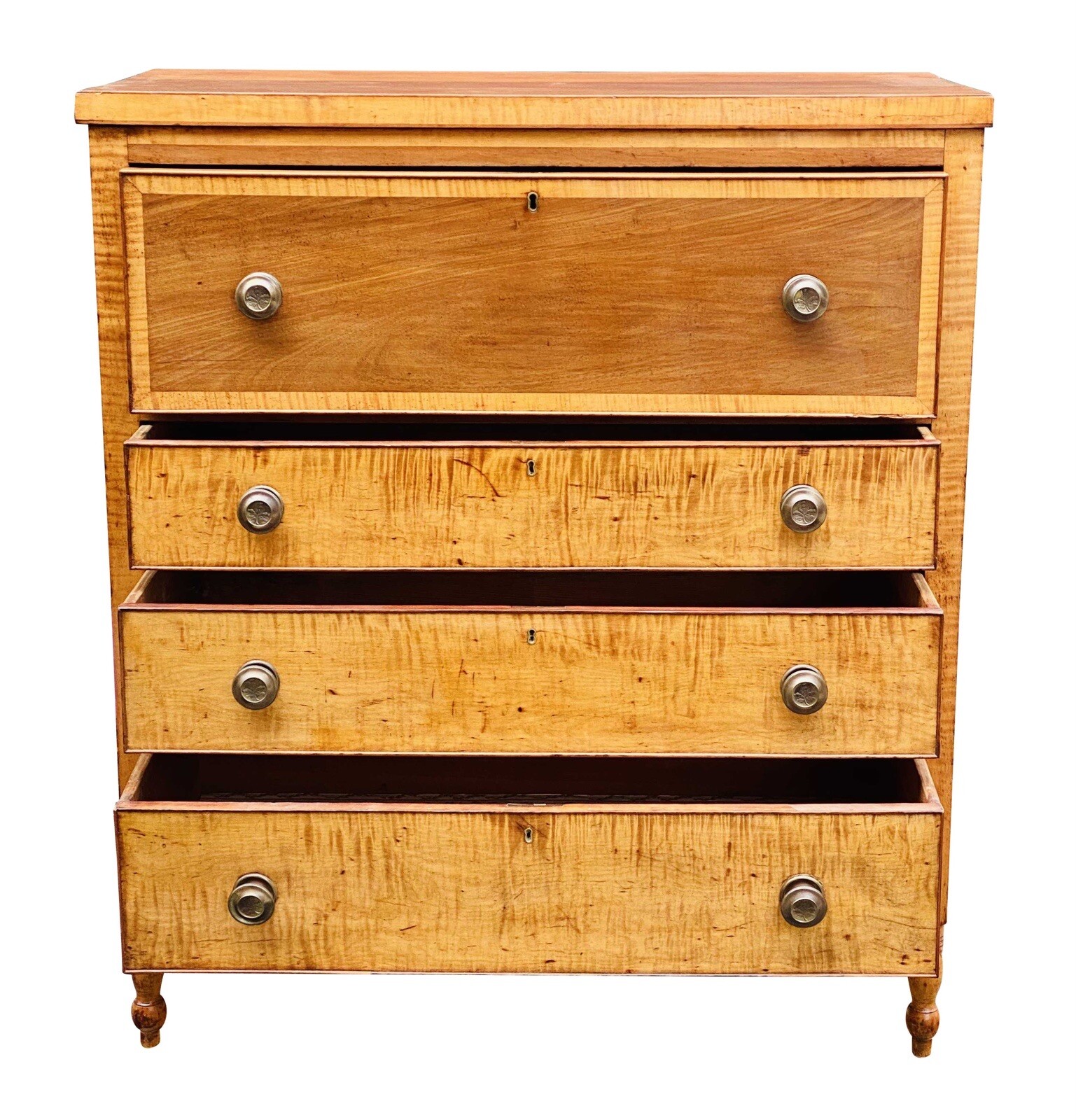 19TH C ANTIQUE PENNSYLVANIA SHERATON TIGER MAPLE & WALNUT BUTLERS DESK