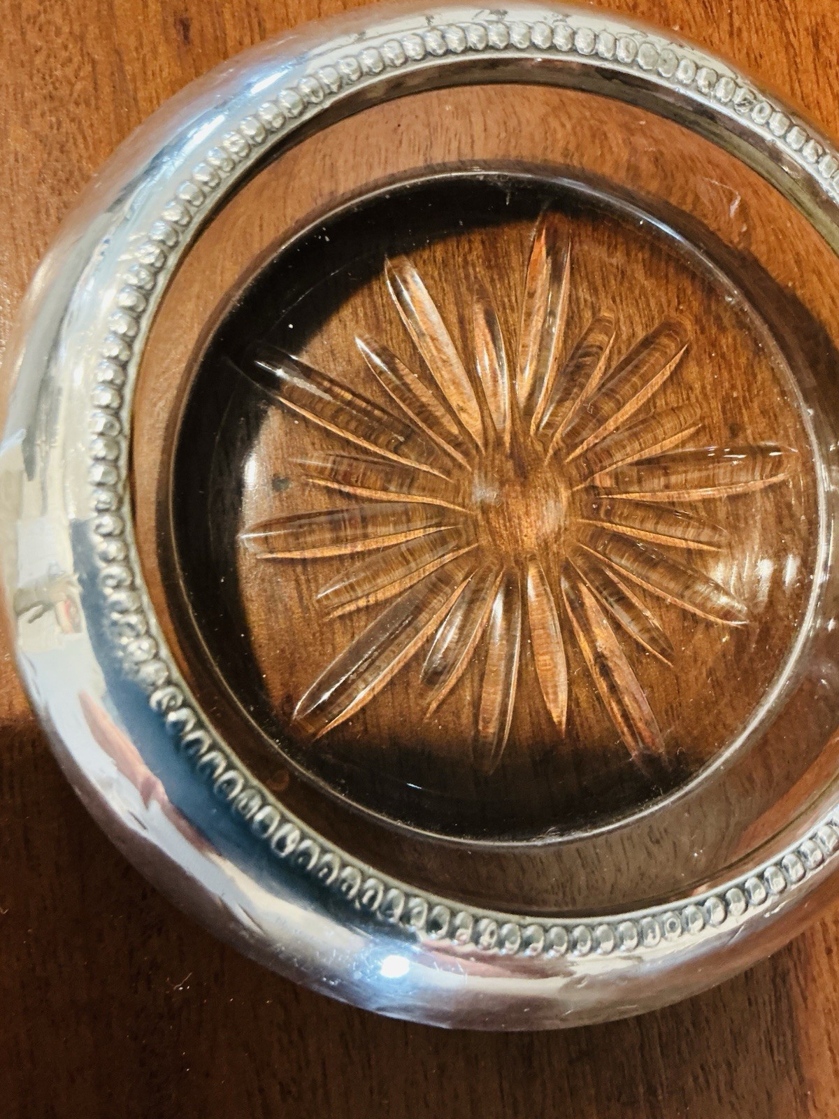 Vintage Octagonal Starburst Silver plate And Glass Coasters Set Of 2