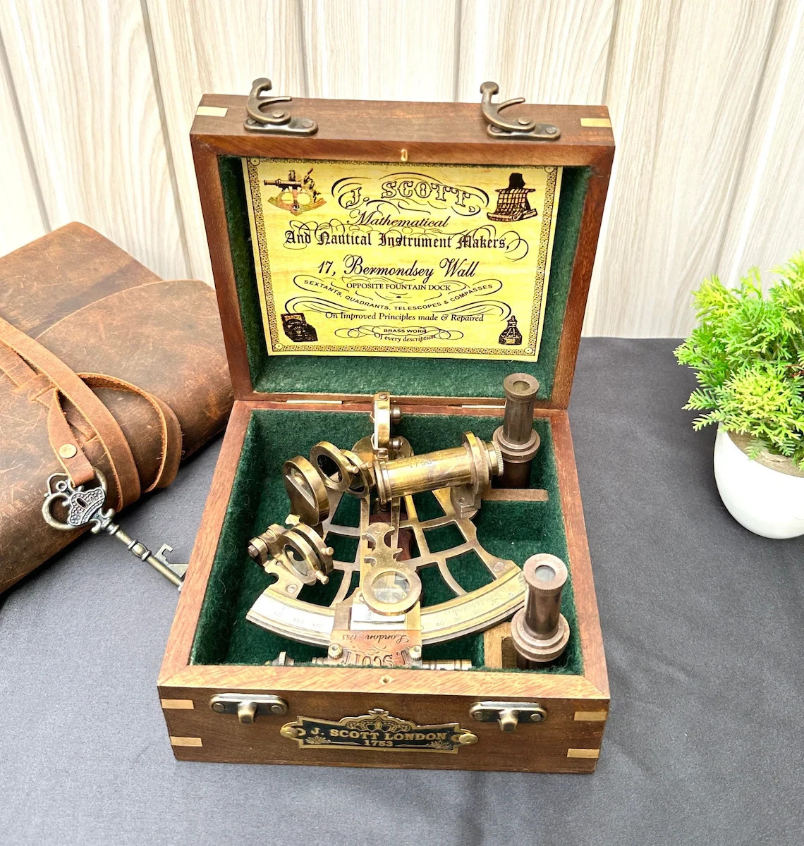 Antique Brass Working Nautical Sextant 5″ w/ Dual Telescopes & Box