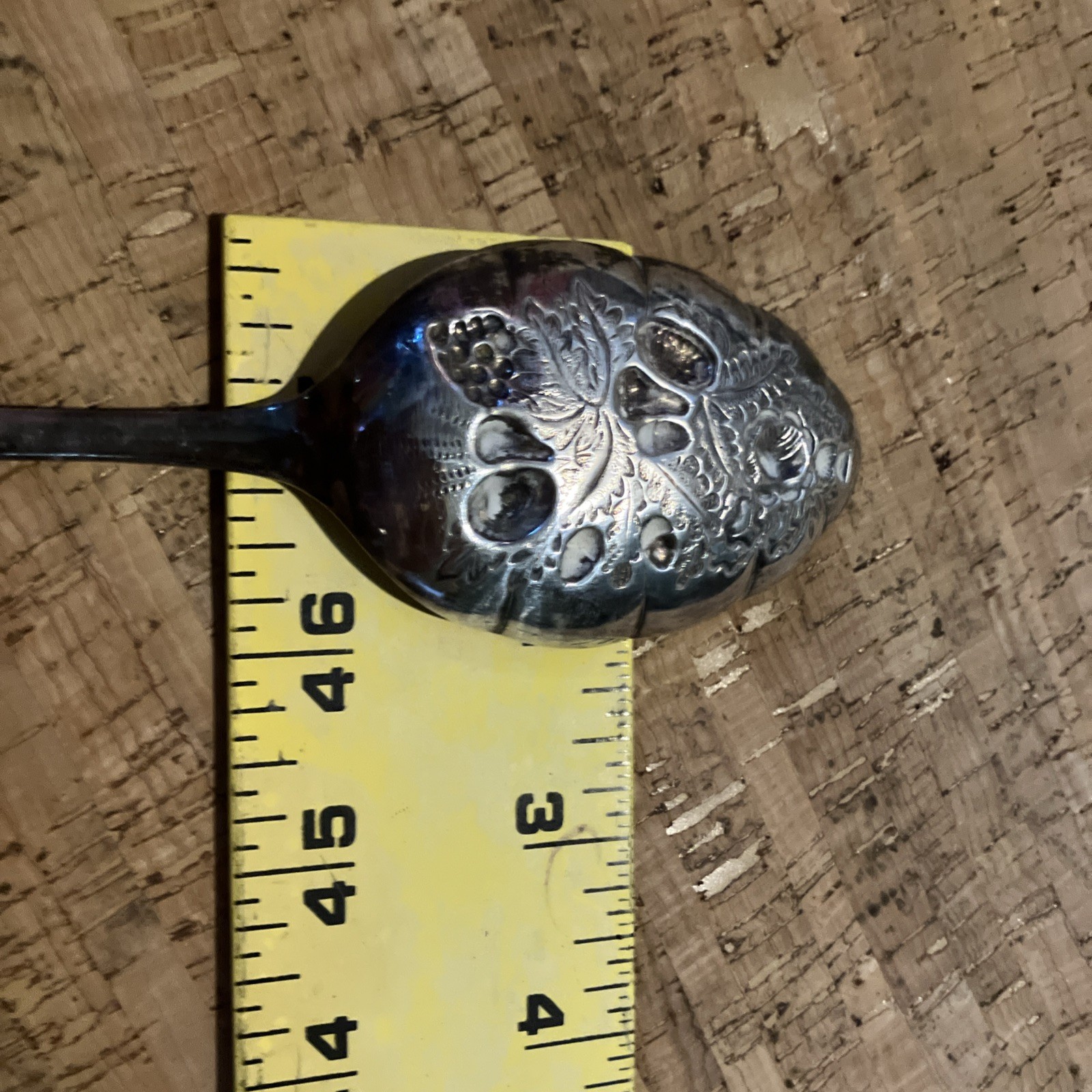 Vintage Sheffield Server Silver Plated 9” Spoon Repousse Fruit foliage FluteEdge