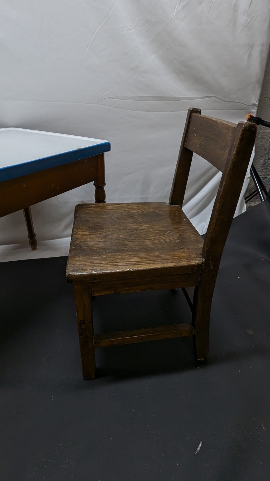 Antique Porcelain Enamel & Wood Small Childs Teaching Table And Chair Farmhouse