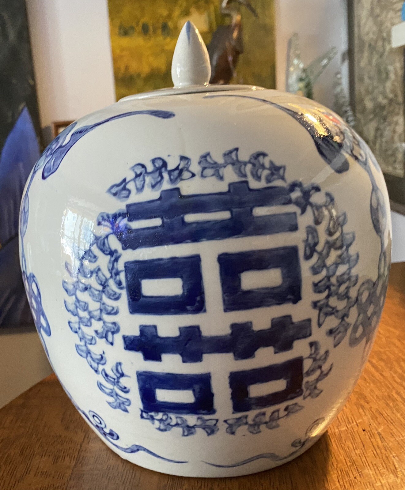 Chinese antique blue on white melon jar with lid. H 10 inch