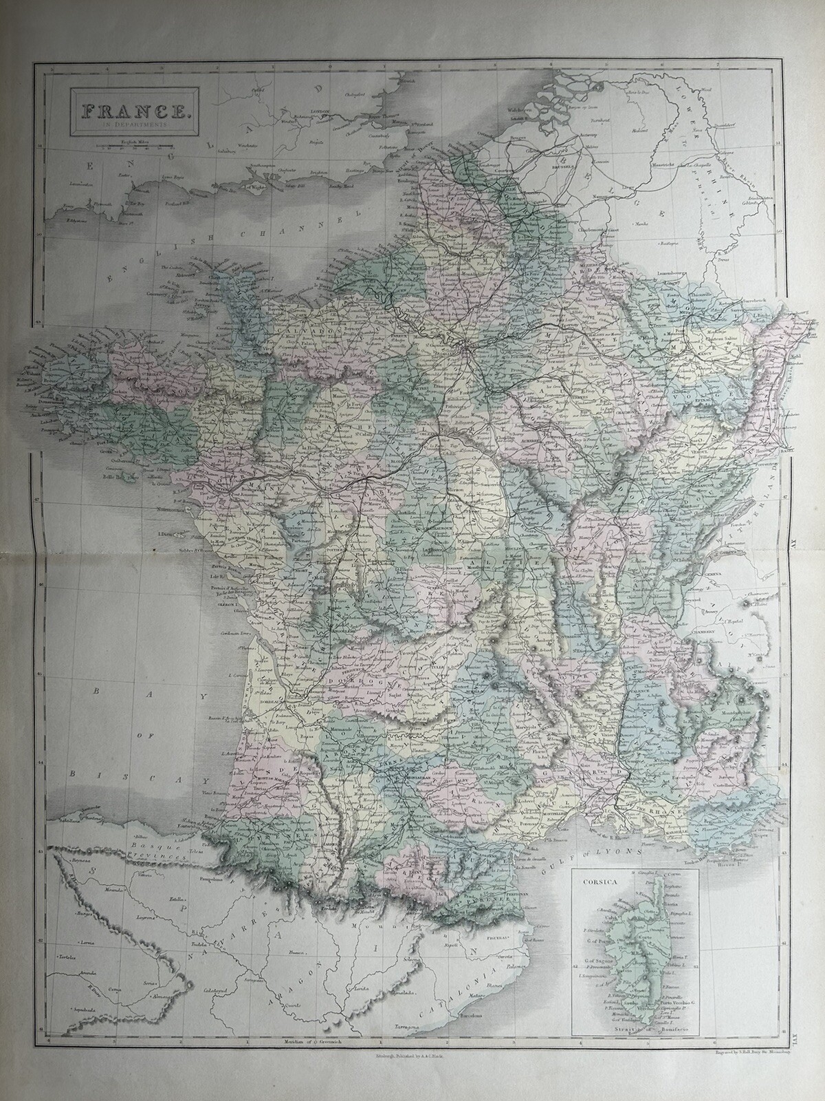 1854 France in Departments Hand Coloured Original Antique Map by Selina Hall