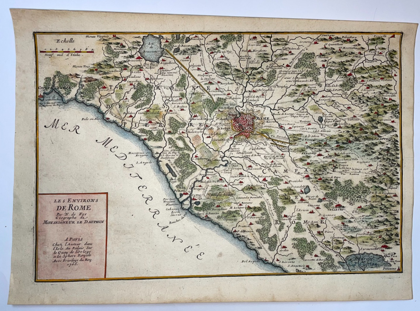 ROME & ENVIRONS ITALY 1705 NICOLAS DE FER ANTIQUE MAP 18TH CENTURY