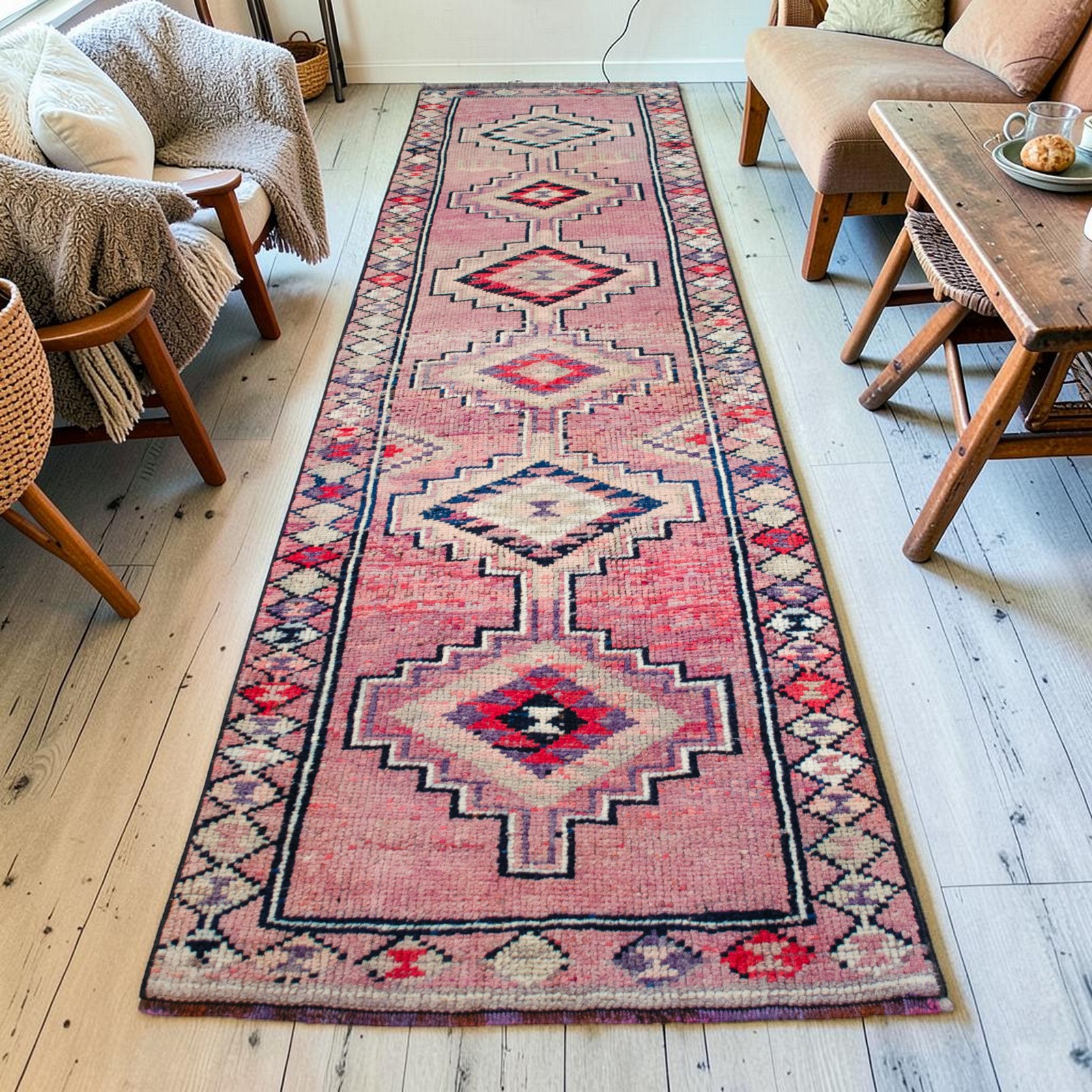 Turkish Rug Runner Hand Made Short Hallway Rug PINK Kitchen Rug – 2’10 x 10’6″