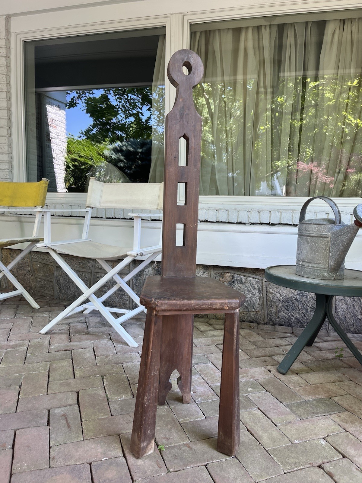 Early 20th Century Vintage Primitive Three Legged Carved Wood Chair