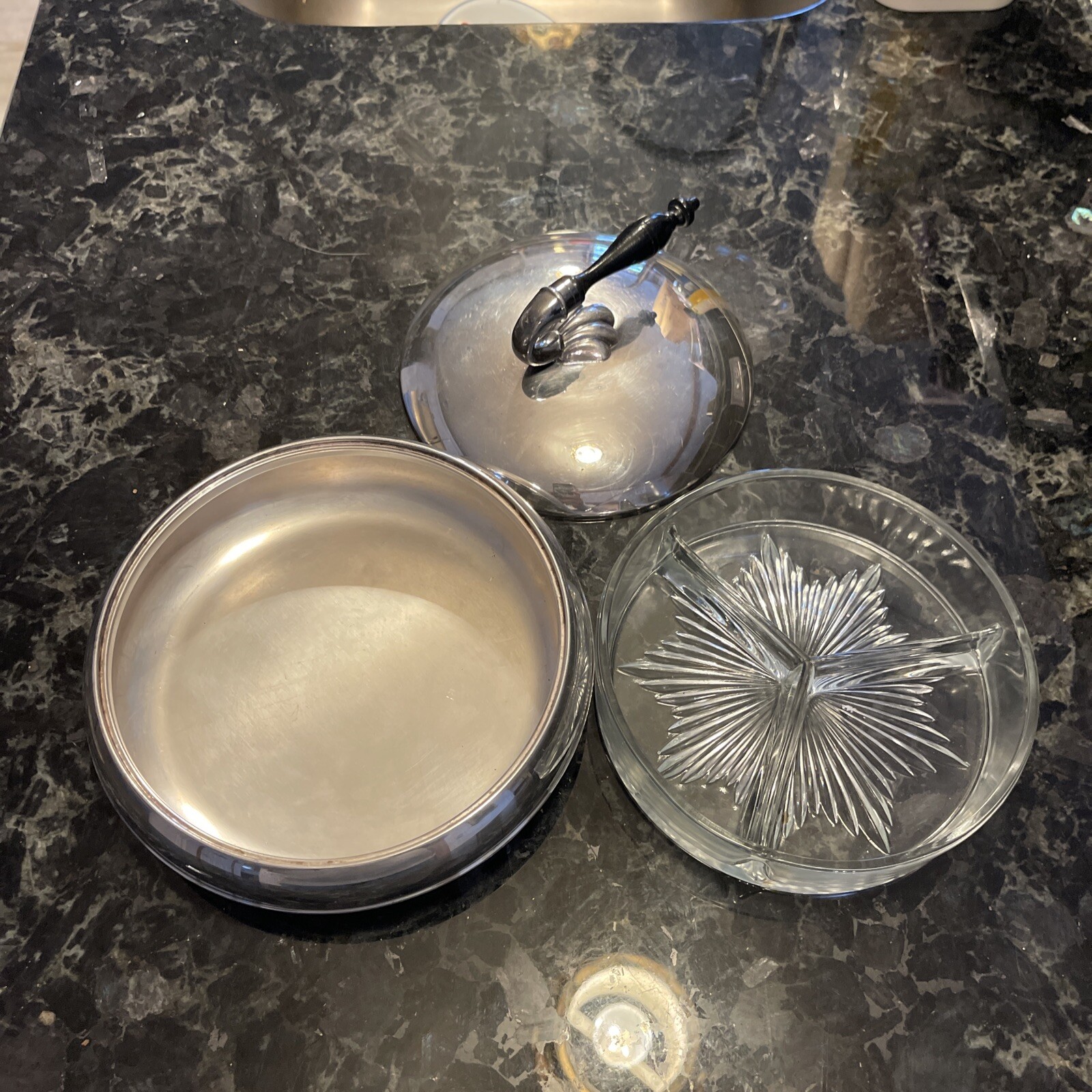 RARE Cresent Silver Plated Dish with Divided Glass Insert Wood Handle on Lid