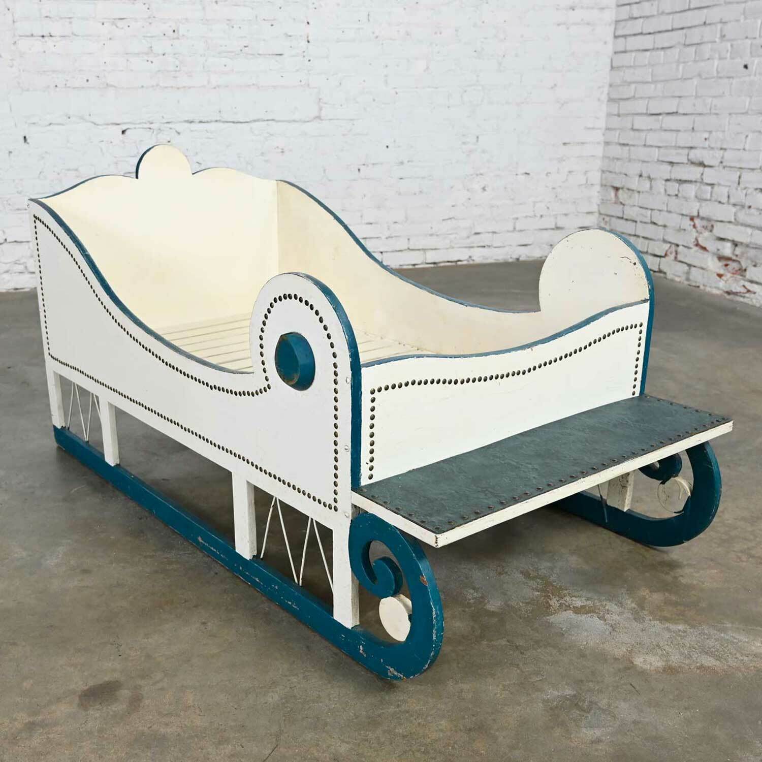 Vintage Toddler or Dog Sleigh Style Bed White with Blue Trim & Nail Head Design