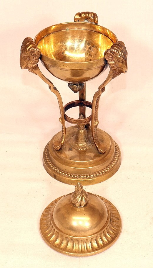 Vintage Solid Brass Neoclassical Rams Head Incense Burner With Lid