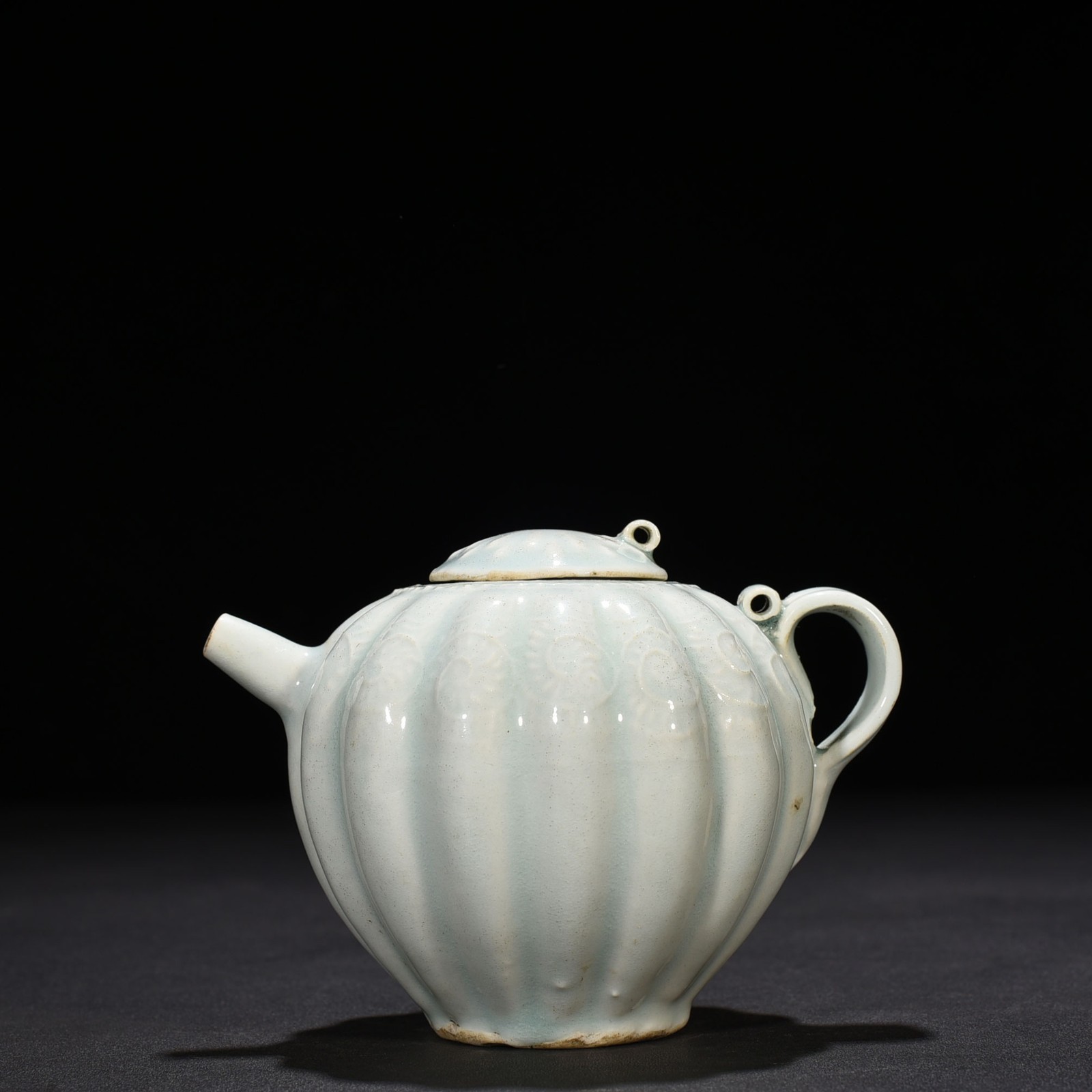 5.1″ China Old Antique Porcelain Song Hutian Kiln Cyan Glaze Melon Edge Teapot