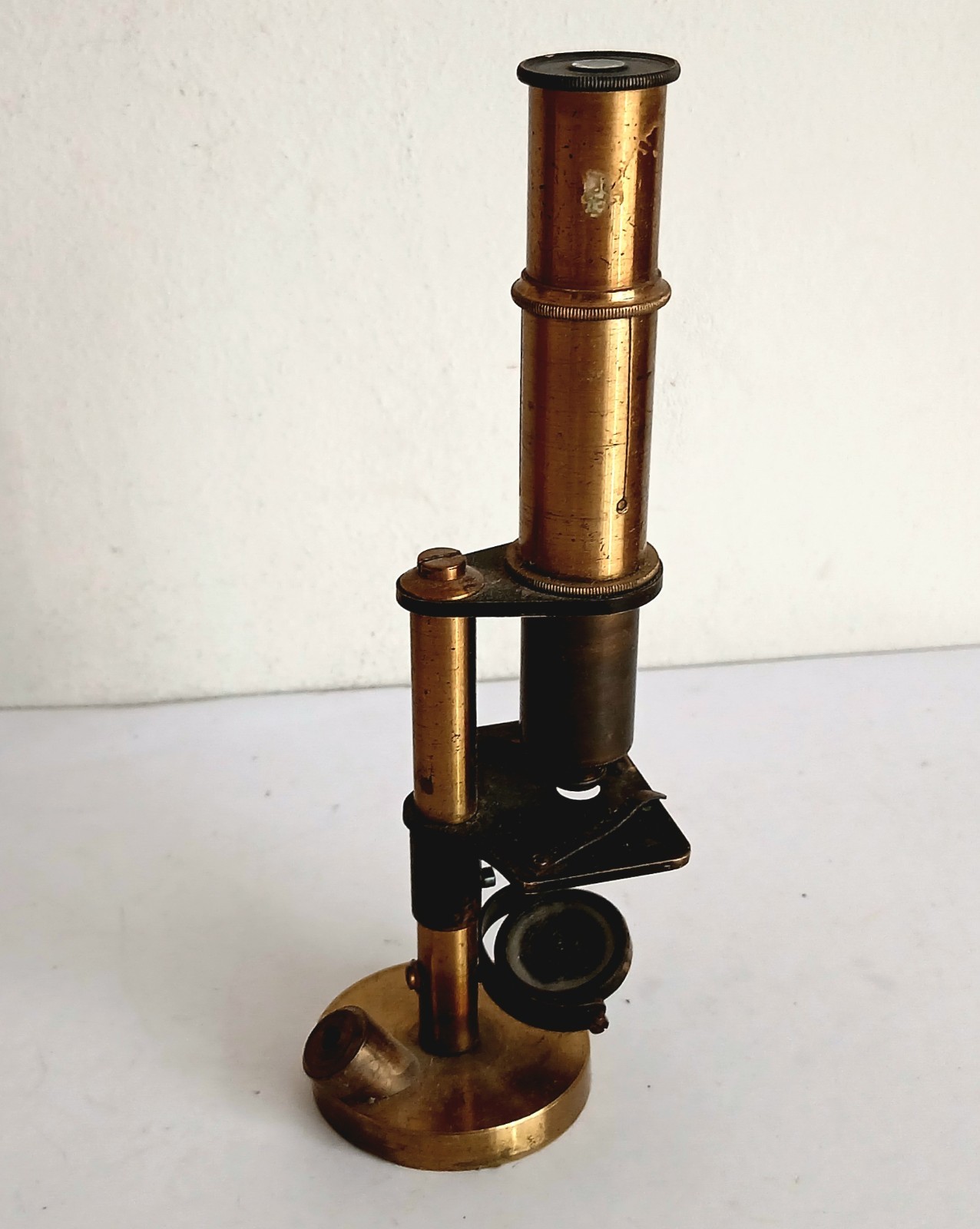 Antique Brass Field Monocular Microscope in Wooden Case. Vintage Field Microscop