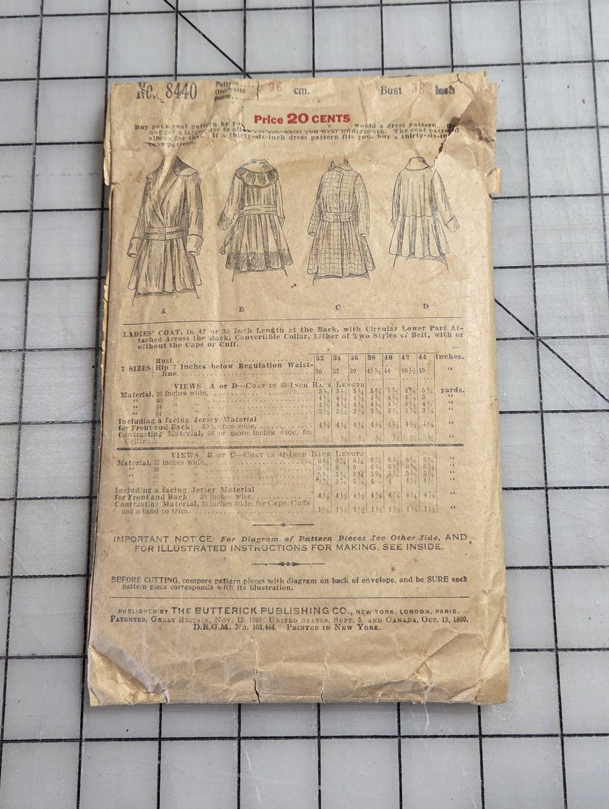 8440 Butterick Ladies Coat Pattern Patent 1899 Unprinted with Instruction Sheet
