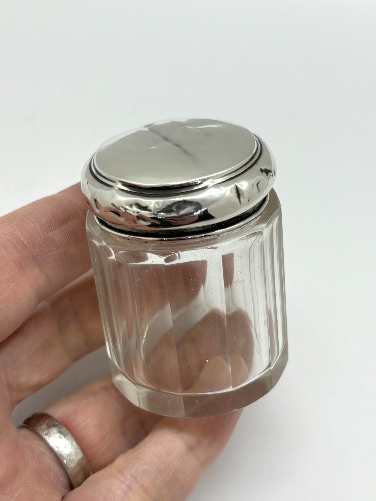 Small Antique 1920s Solid Sterling Silver Topped Glass Dressing Table Bottle Jar