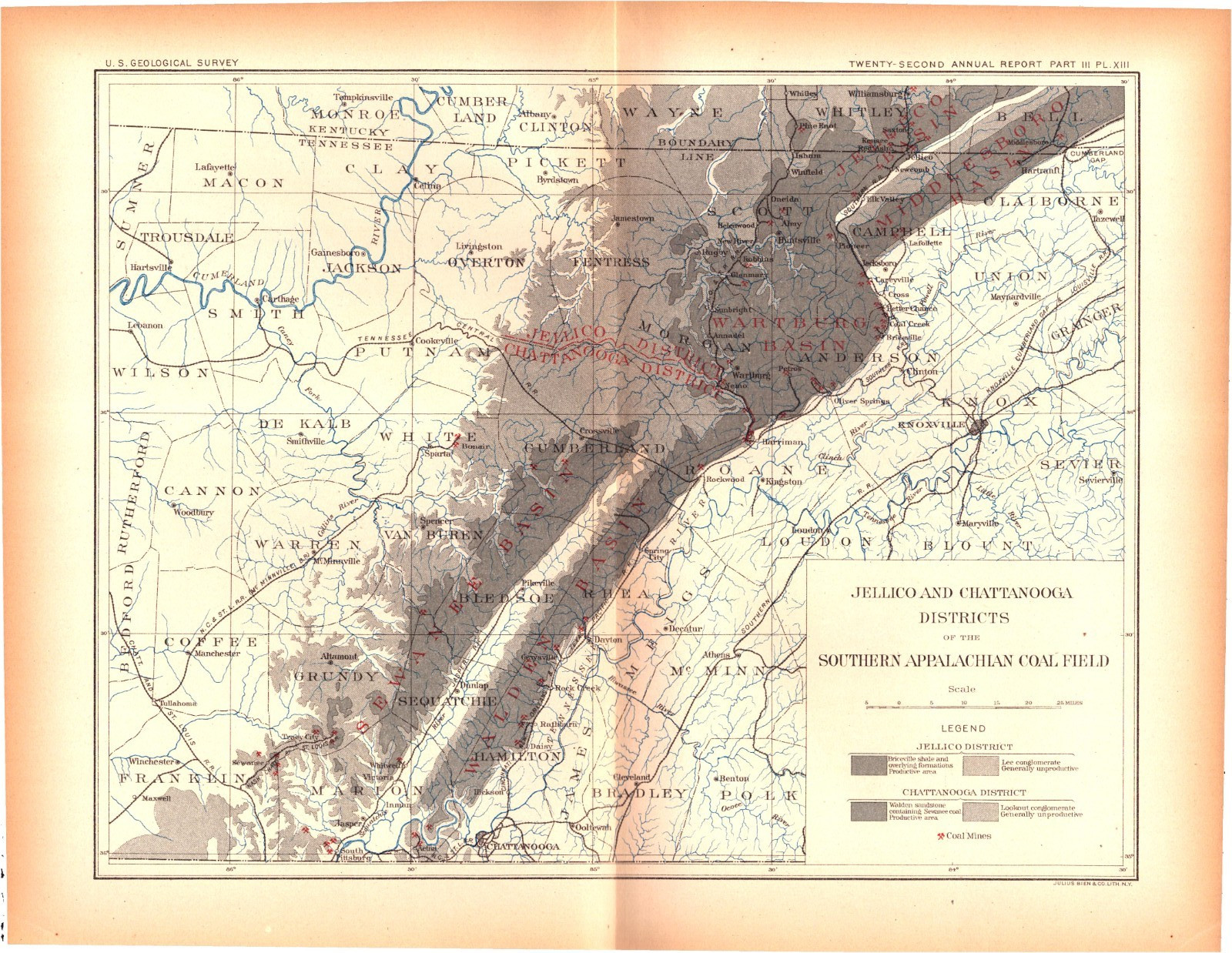 Southern Appalachian Region-1902 Antique Map Tennessee North Carolina Georgia