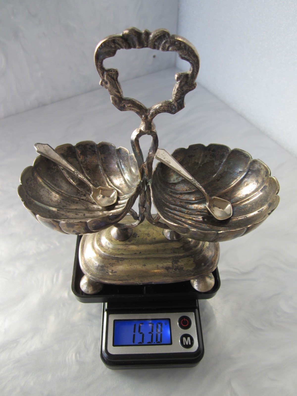 ANTIQUE 1800s SOLID 835 SILVER SHELL-FORM DOUBLE DISH OPEN SALT CELLAR 153g