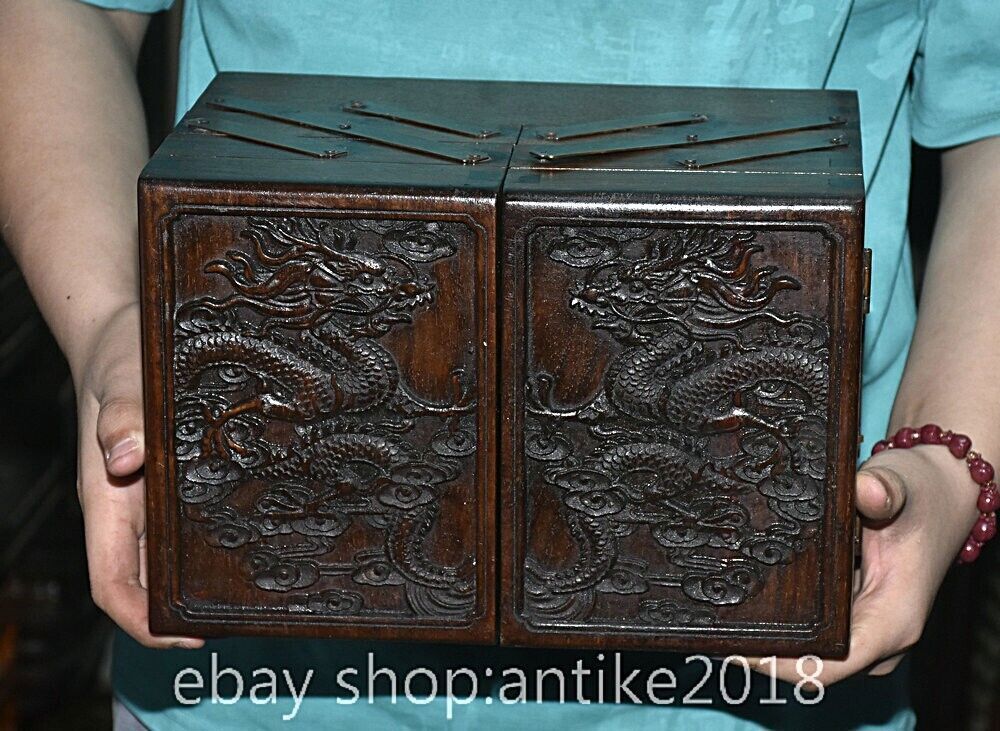 11.2″ Rare Old Chinese Ebony wood Carved Dynasty Palace dragon Mechanism box