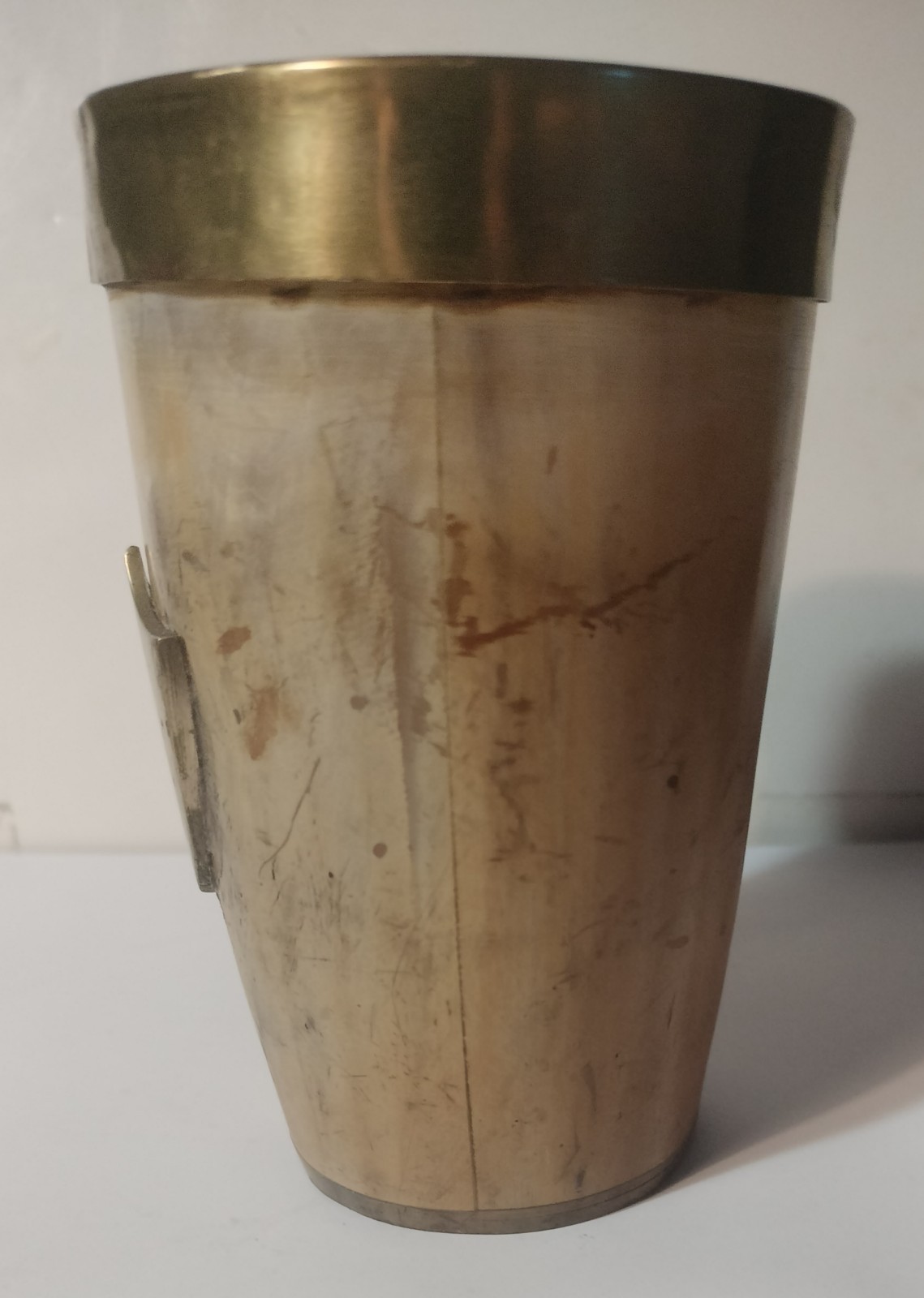 19th Century Antique Horn Antler Beaker With Brass Trim and Shield