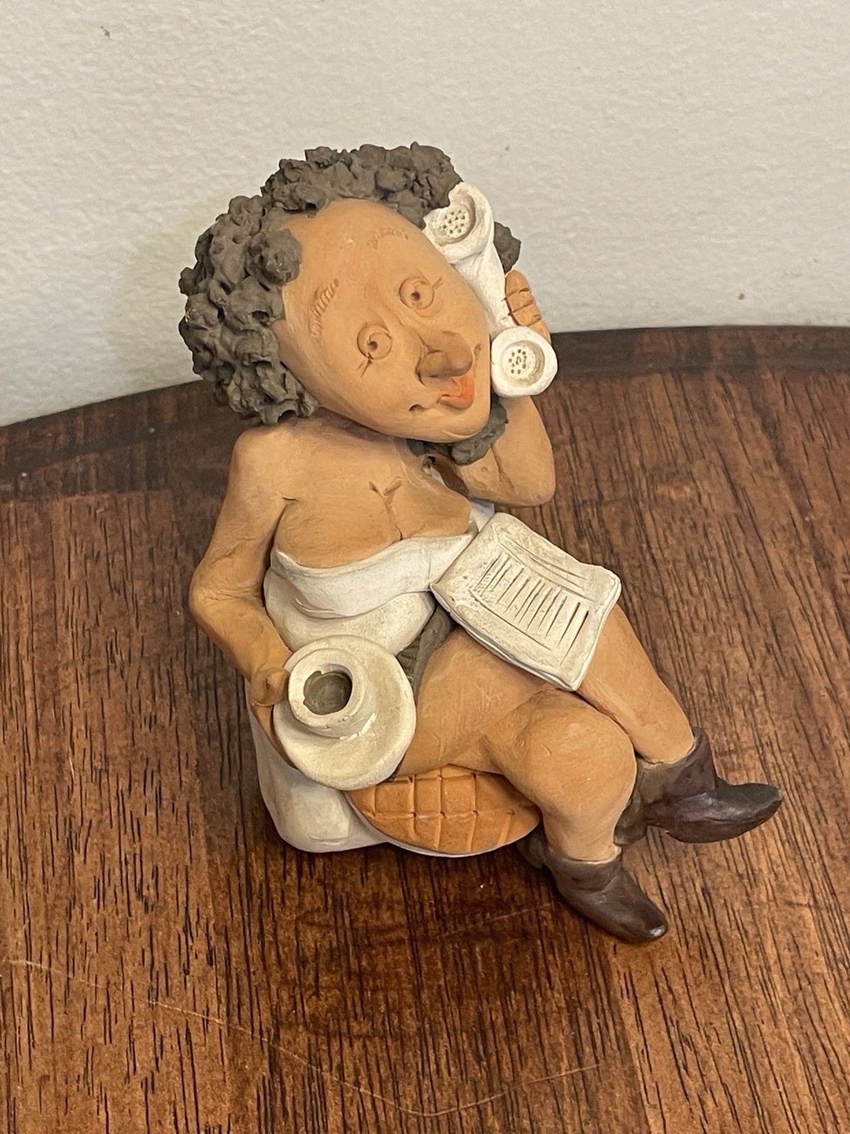 Denis Filtser Clay Figurine Woman Gossip Bench Phone Coffee Signed Pottery Art