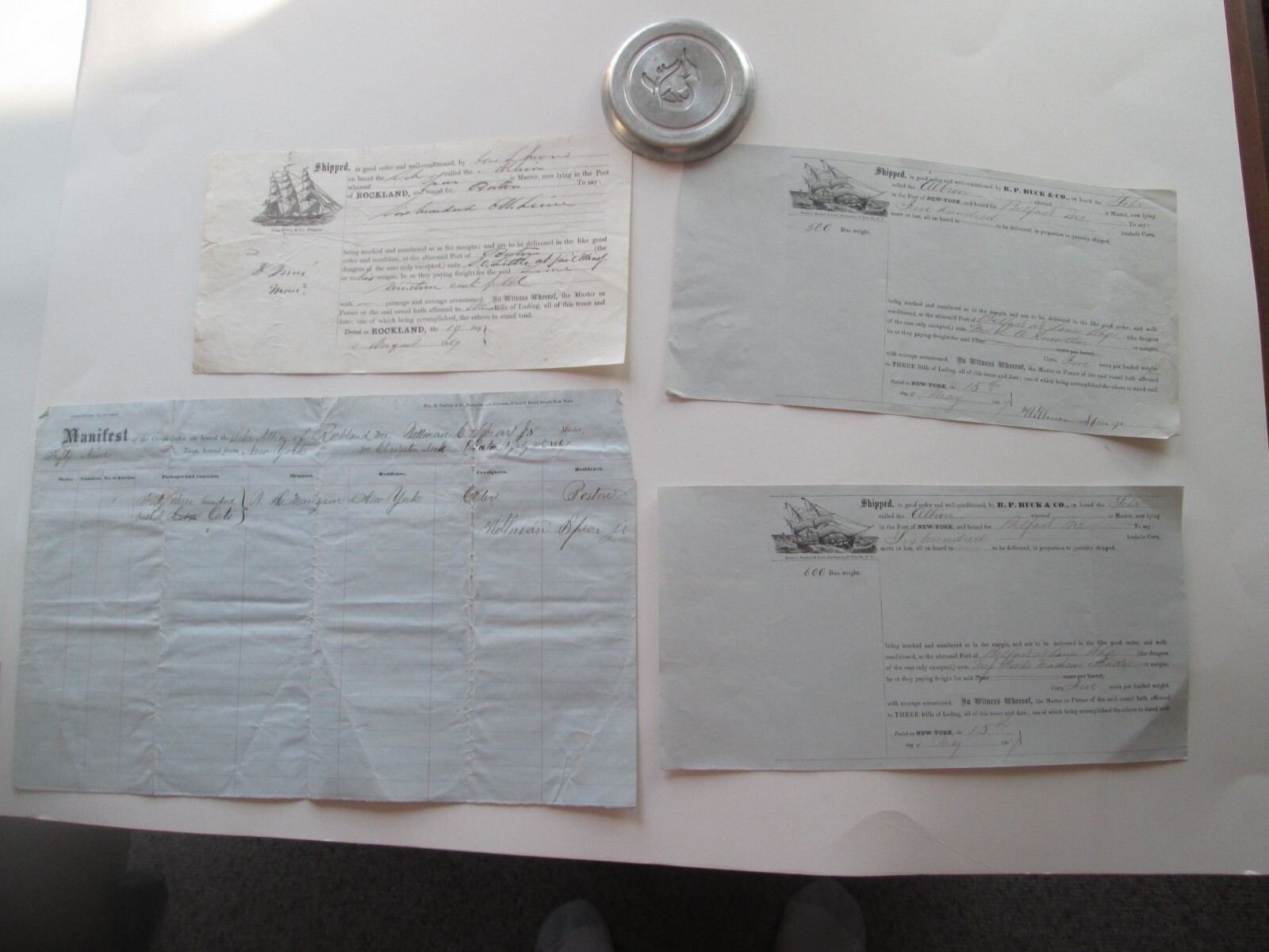 1867 COASTER’S MAIFESTS, SCHOONER, “ALBION” ROCKLAND, MAINE. VARIOUS PORTS