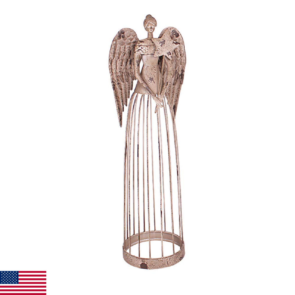 Antiqued Metal Garden Angel Statue with Star Wand, Indoor Outdoor Angel Yard Art