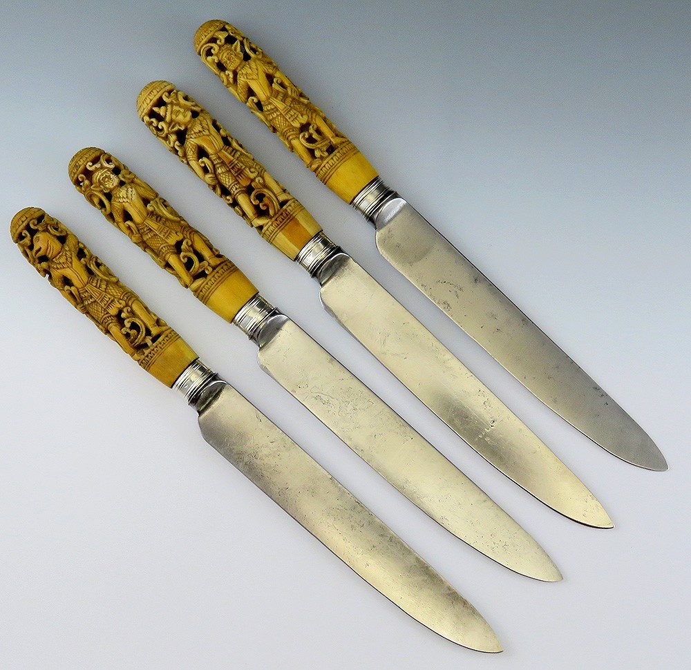 4 Antique Thai Hand Carved Stag Sheffield blades Knives10 3/4″