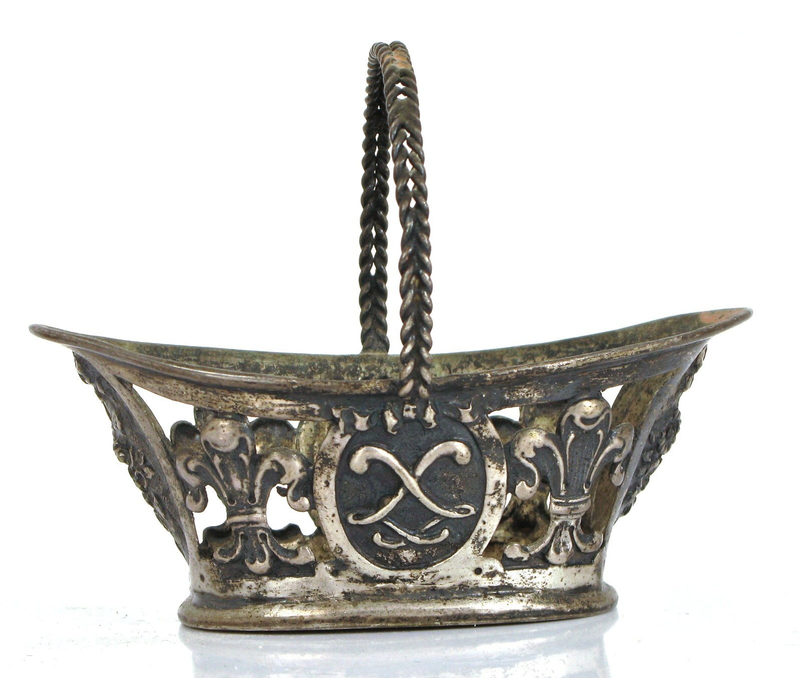 ANTIQUE GERMAN REUSSWIG STERLING SILVER R CROWN FLEUR DE LIS BASKET 35 GRAMS !