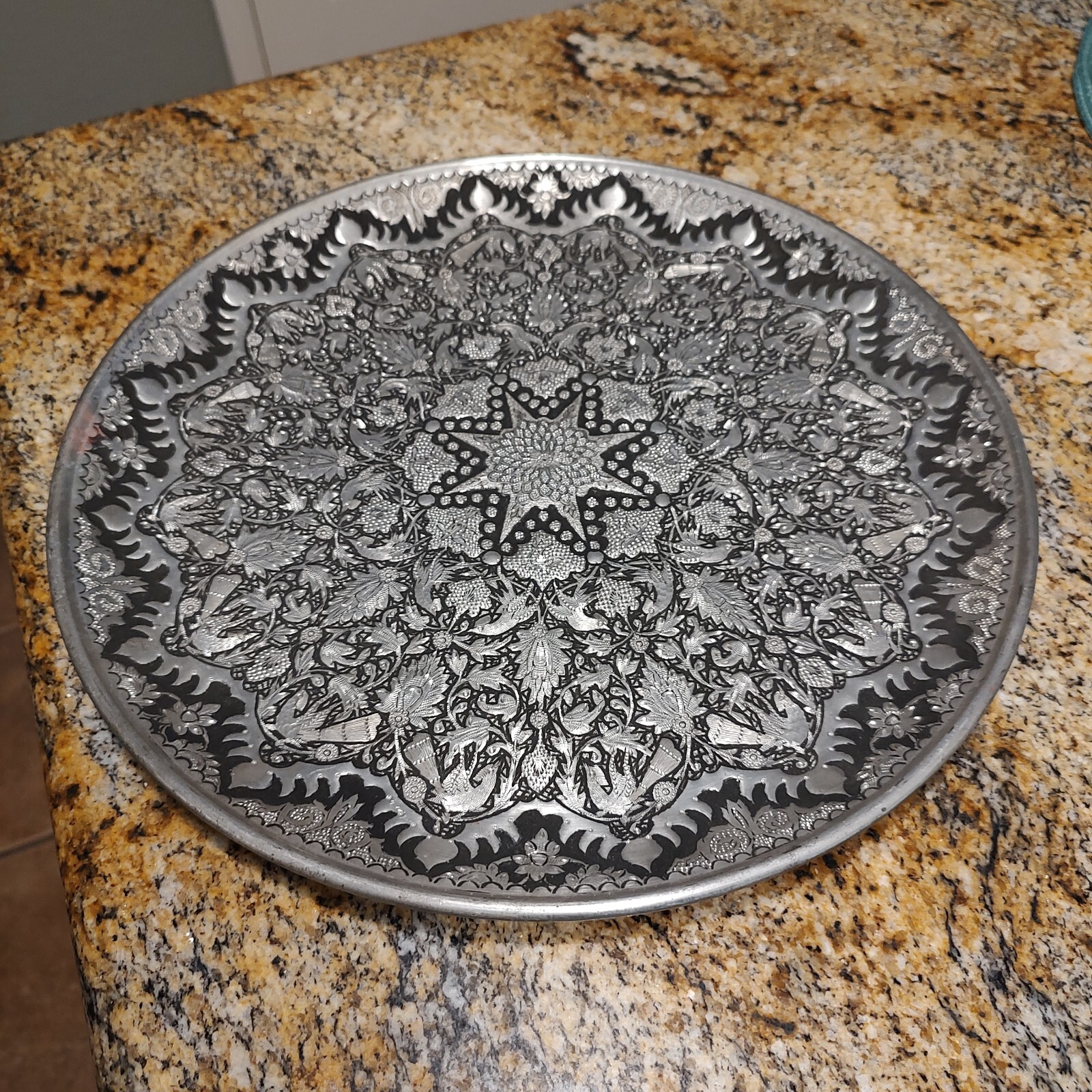Vintage Handmade Vintage Middle Eastern Round Silver Tray  Floral Design