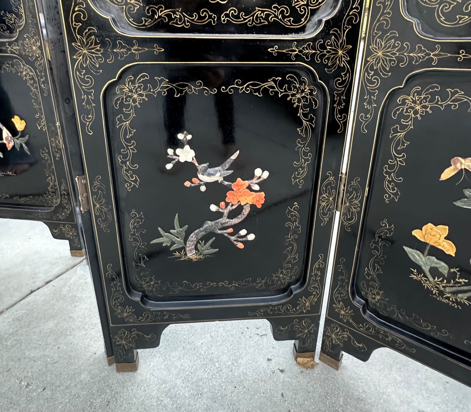 Large Six-Panel Chinese Hardstone & Lacquer Folding Screen Chinese, Early 20 C