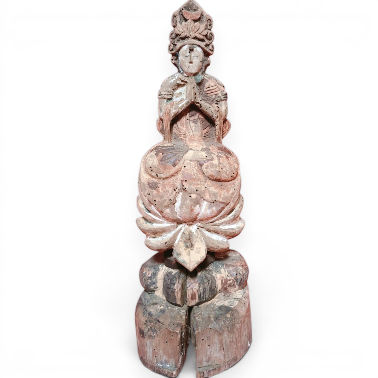 Antique Japanese Wood Kannon Statue Edo 19th Century Bodhisattva Buddhist 14 in