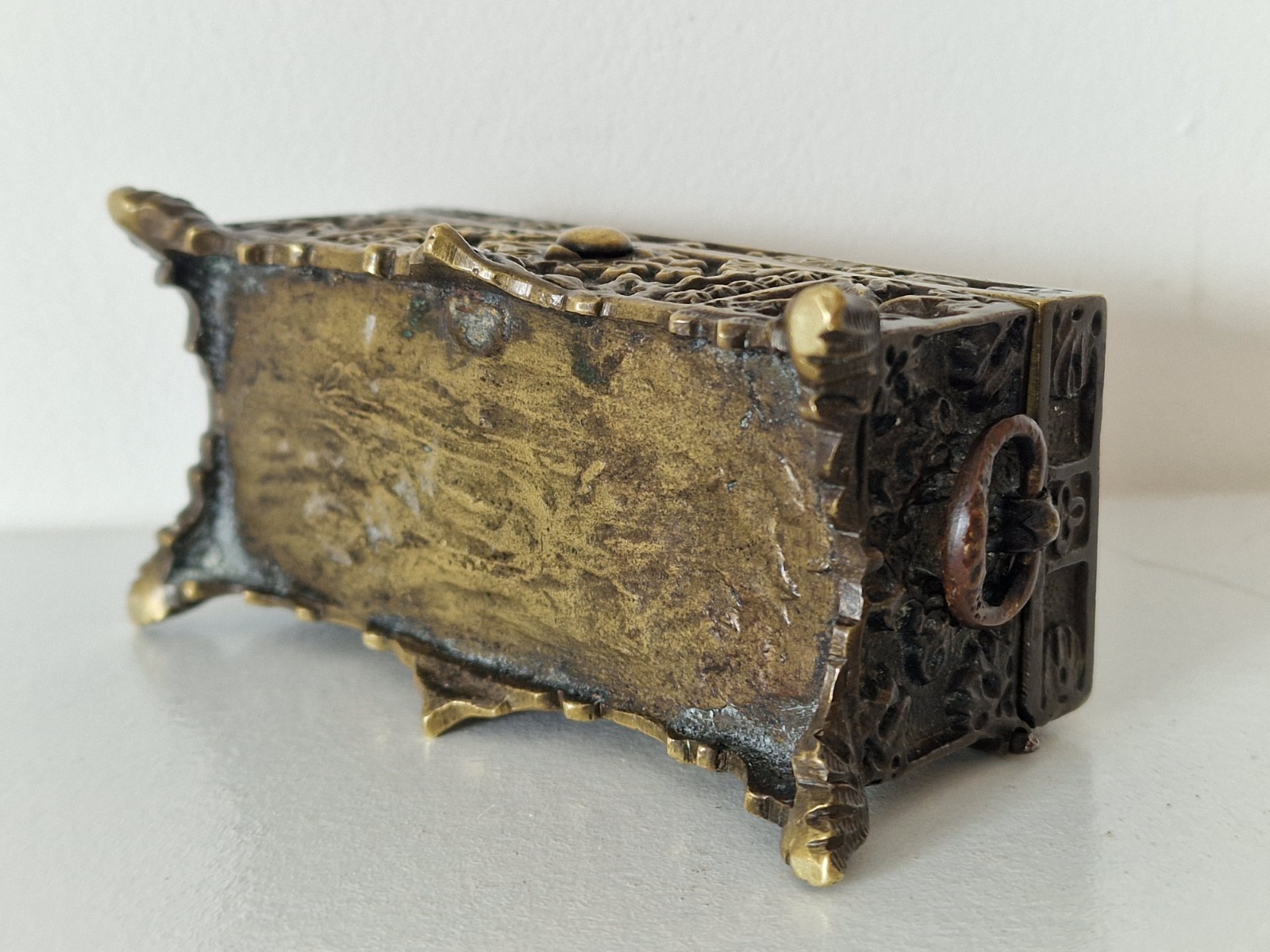 ANTIQUE ORNATE FRENCH BRONZE CASKET JEWELLERY TRINKET BOX HINGED TREASURE CHEST