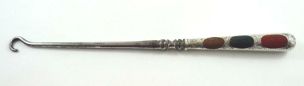 Antique Sterling Silver & Scottish Agate/r Pebble Button Hook c. 1898-99