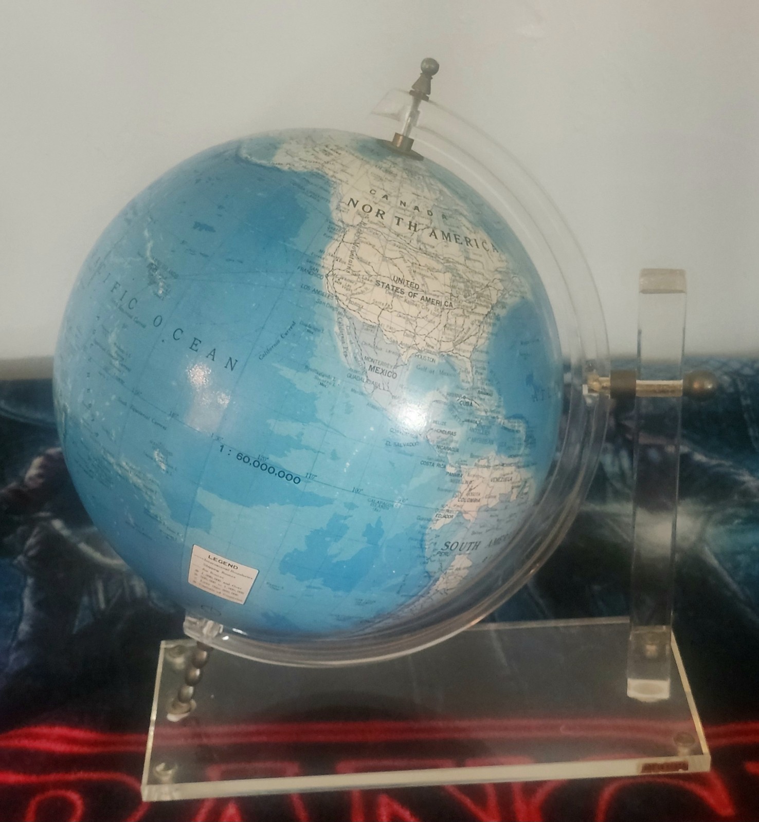 Vintage 10″ World Globe Clear Lucite Cantilever Stand Space Age 1970s Retro