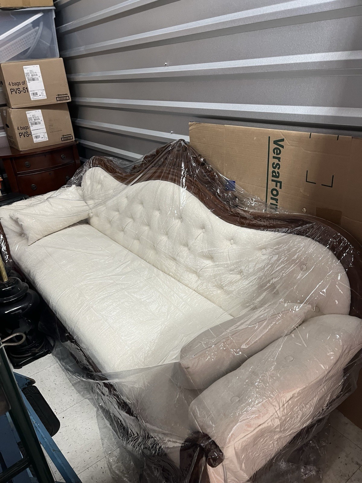 Victorian Antique Camelback Tufted Sofa Wood Trim, White Upholstery, 84in