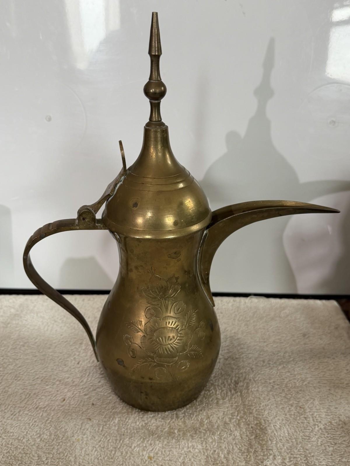 Vintage Arabic Brass Dallah Coffee Pot Signed Stamped Makers Mark Saudi Arabia