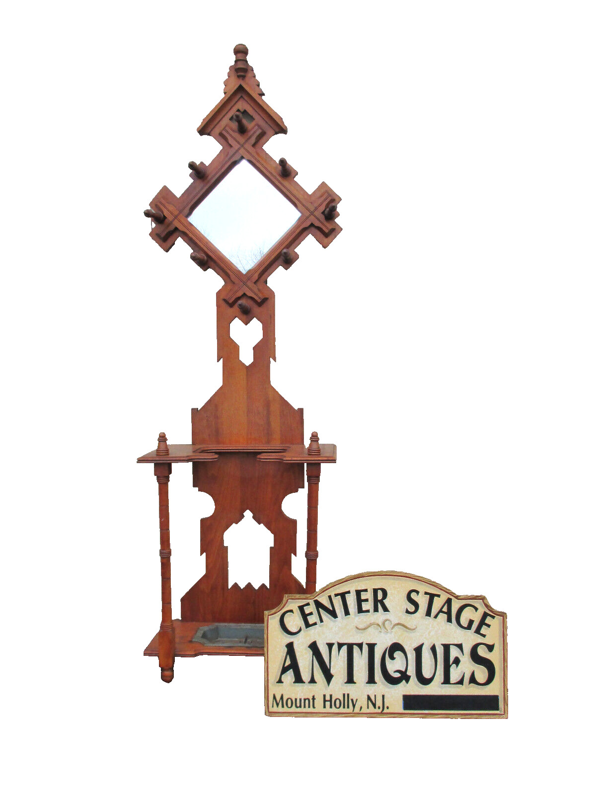 64076 Antique Victorian Walnut Hall Mirror Hat Rack Hall Mirror Umbrella Stand