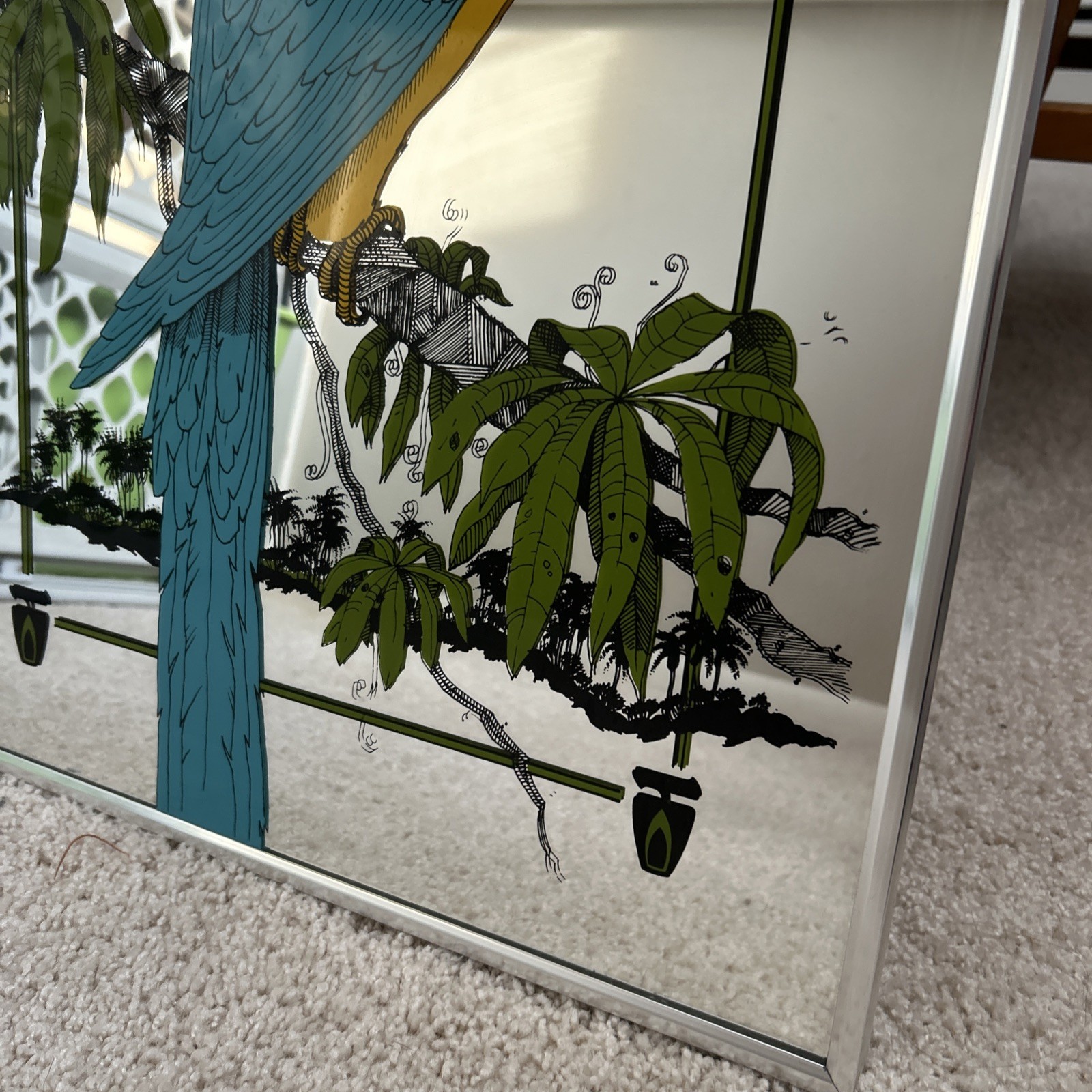 Vintage Reverse Painted Parrot Mirror – Mid Century Tropical Wall Art – 1970s