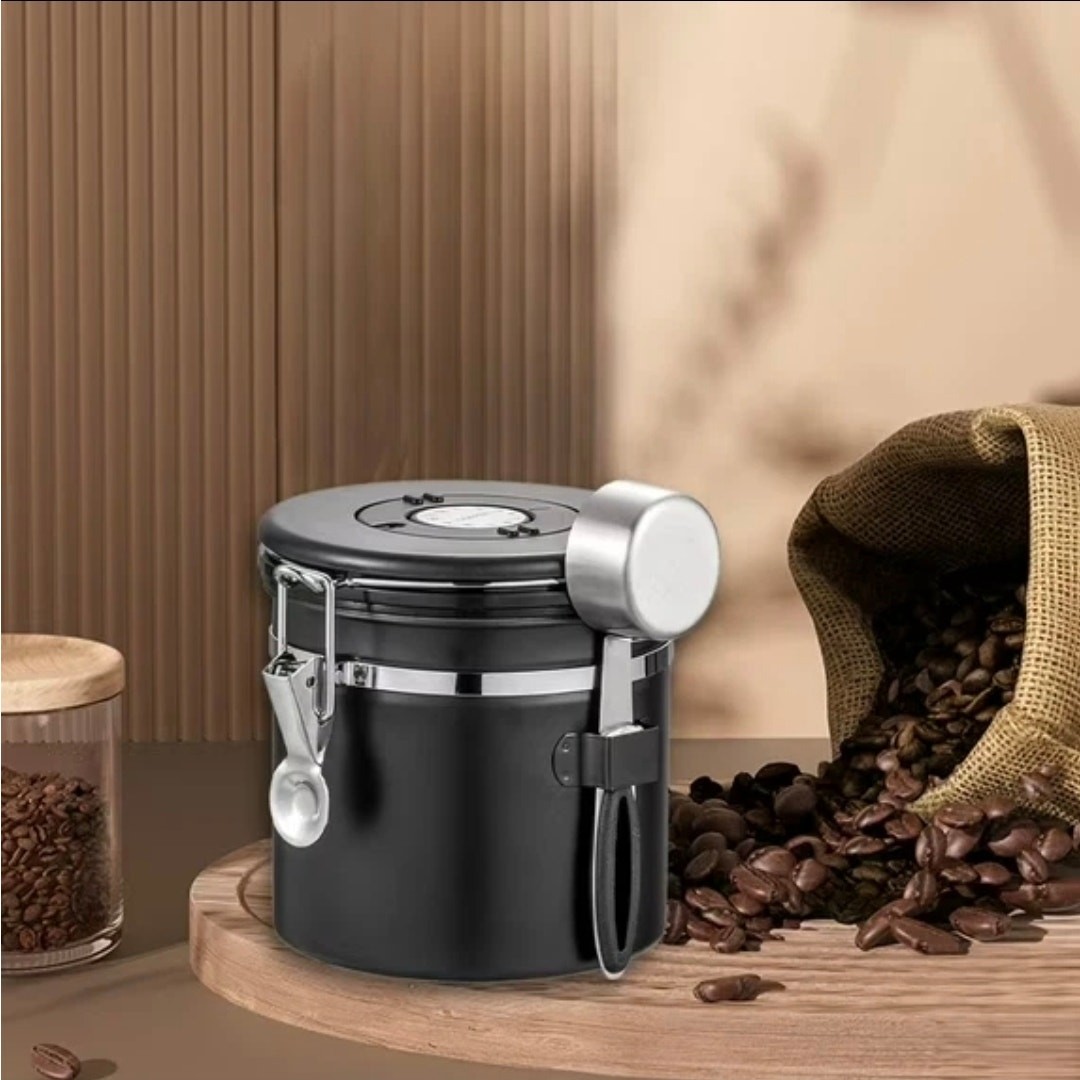 Airtight Coffee Canister Matte Black Stainless Steel Food Storage Jar with Scoop