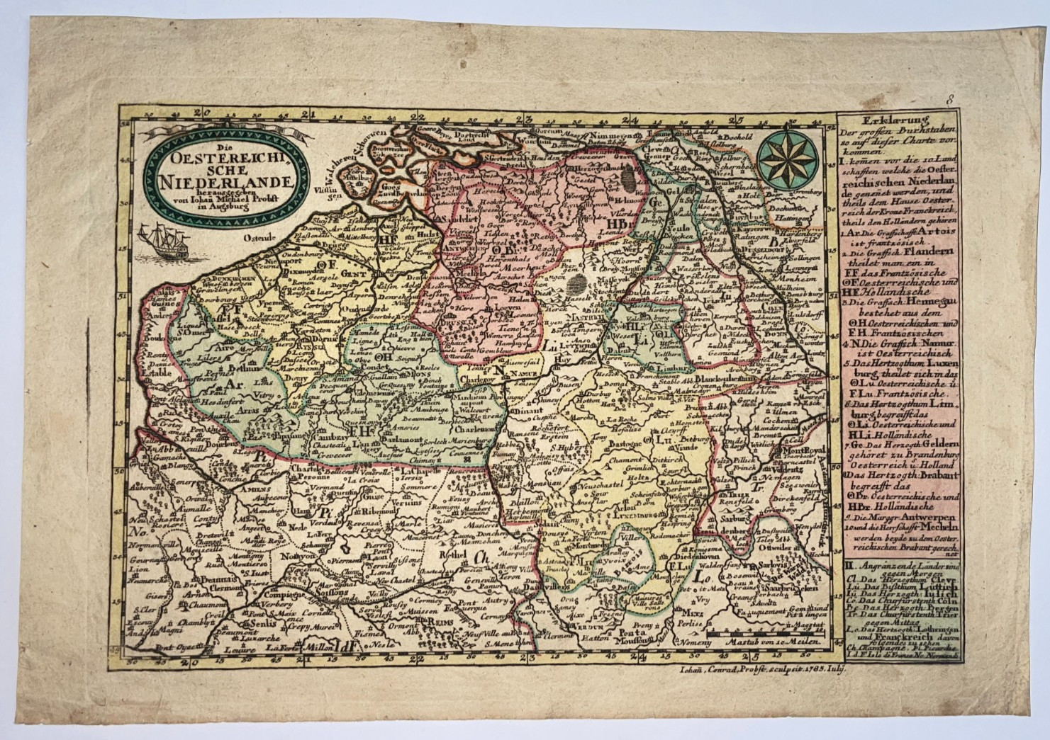 NETHERLANDS BELGIUM DATED 1785 JOHANN MICHAEL PROBST ANTIQUE MAP 18TH CENTURY
