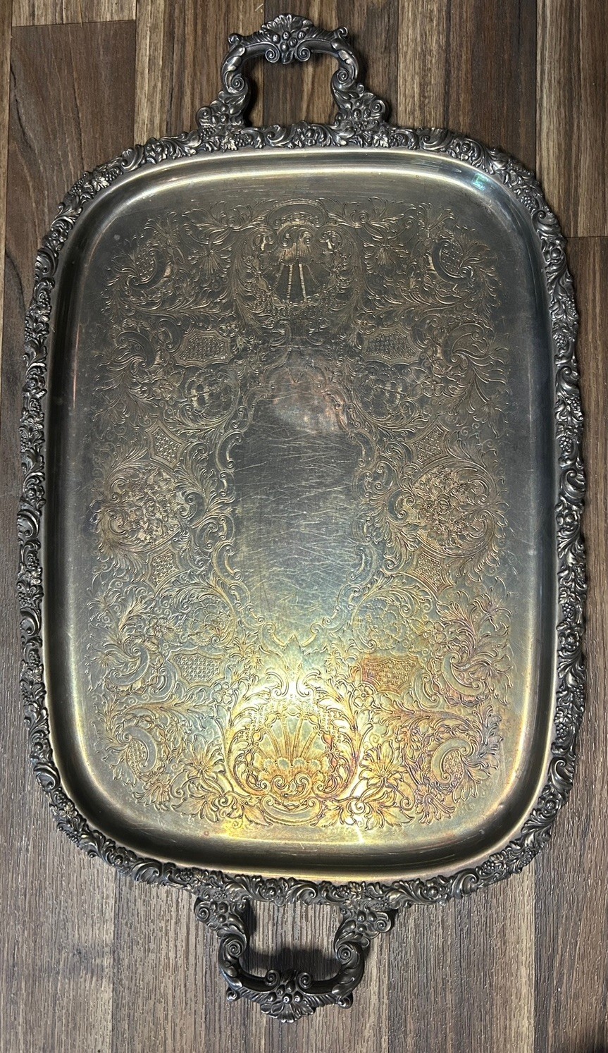 Vintage Silver Plated Serving Tray Rectangular With Handles 22”x16”
