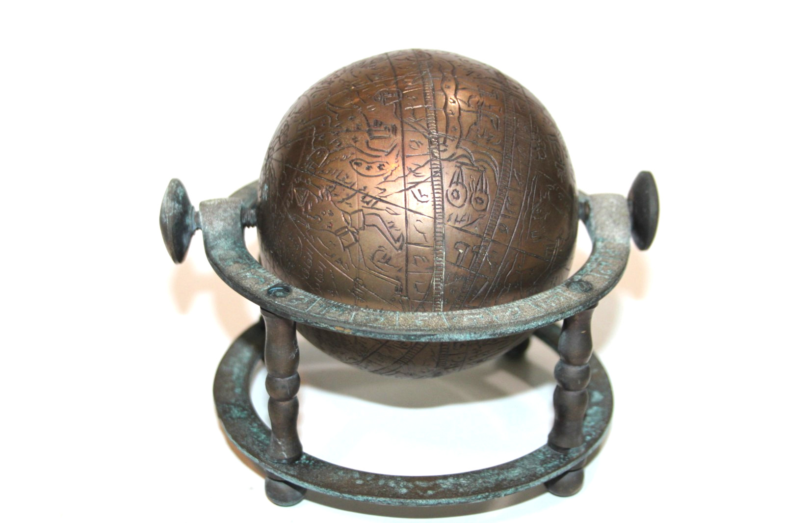 Terrestrial Celestial Sphere Globe Engraved Indo Persian Brass Vintage Antique