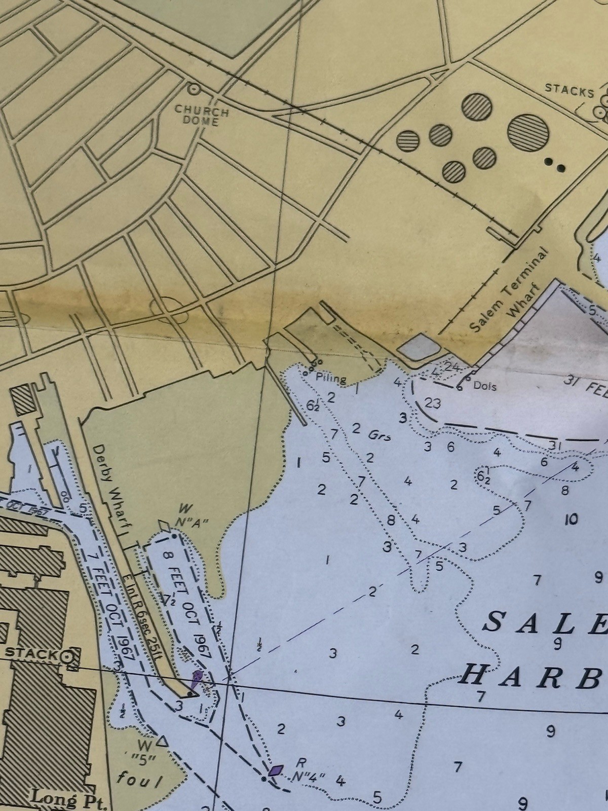 1972 SALEM, MARBLEHEAD, BEVERLY Nautical Chart HARBORS 33.5″ x 33.5″