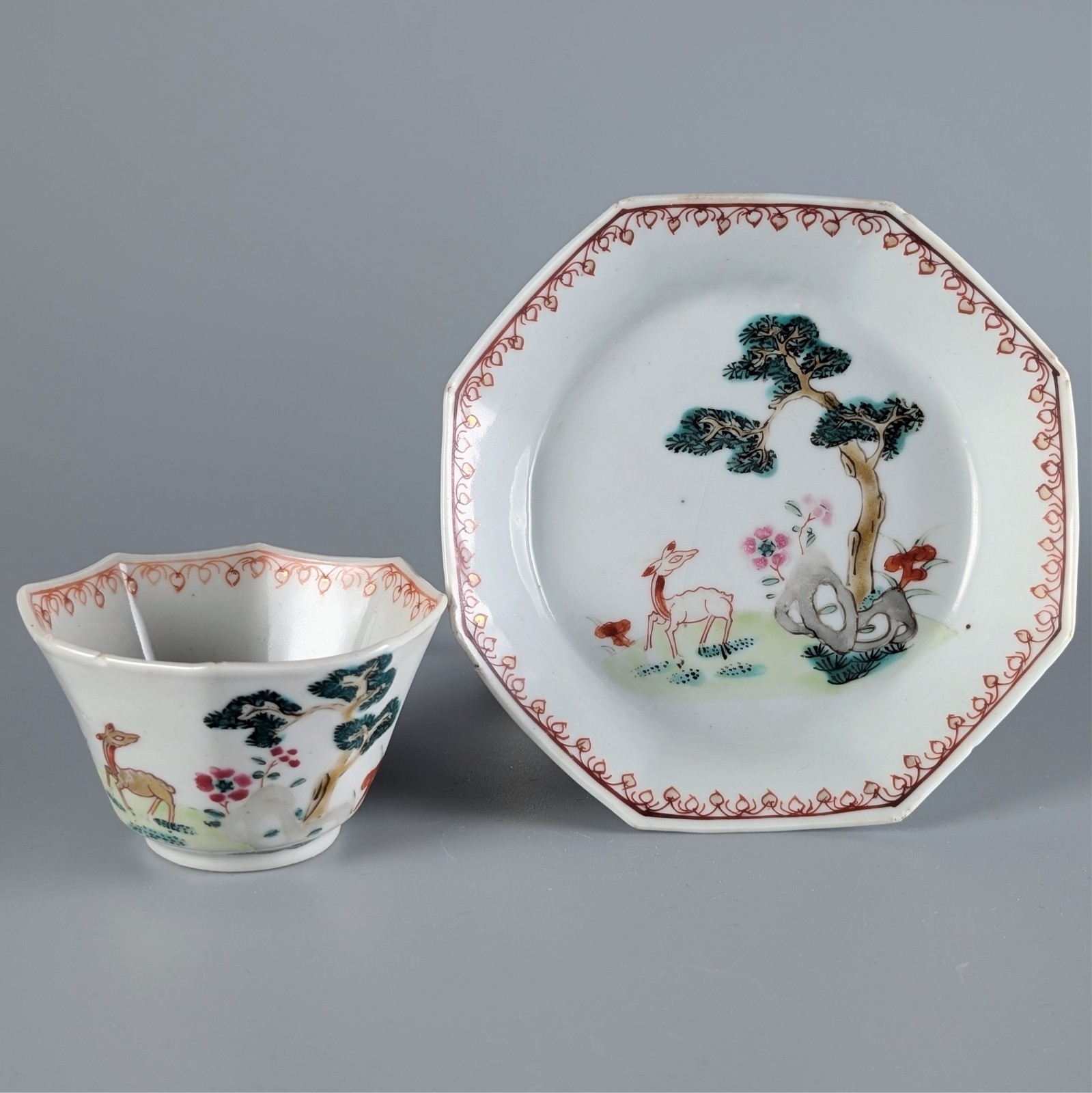 Antique Chinese 18th C Qianlong Porcelain Famille Rose Tea Cup and Saucer Qing